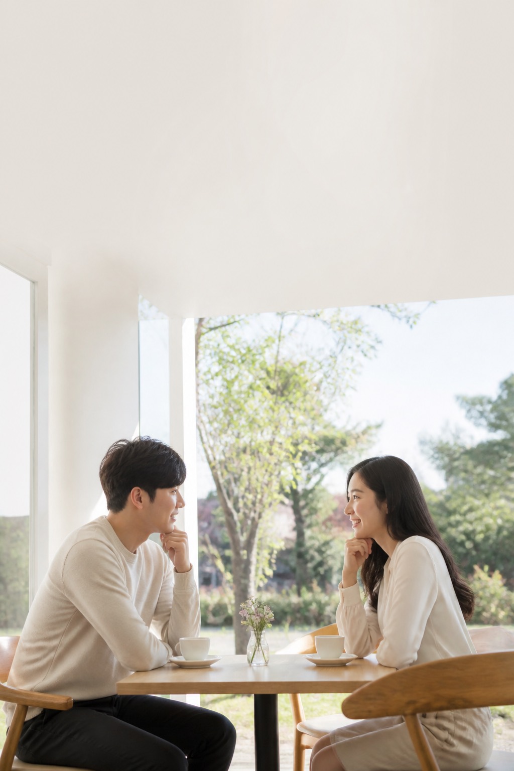 밝은 창가에 마주 앉아 이야기하는 두 사람