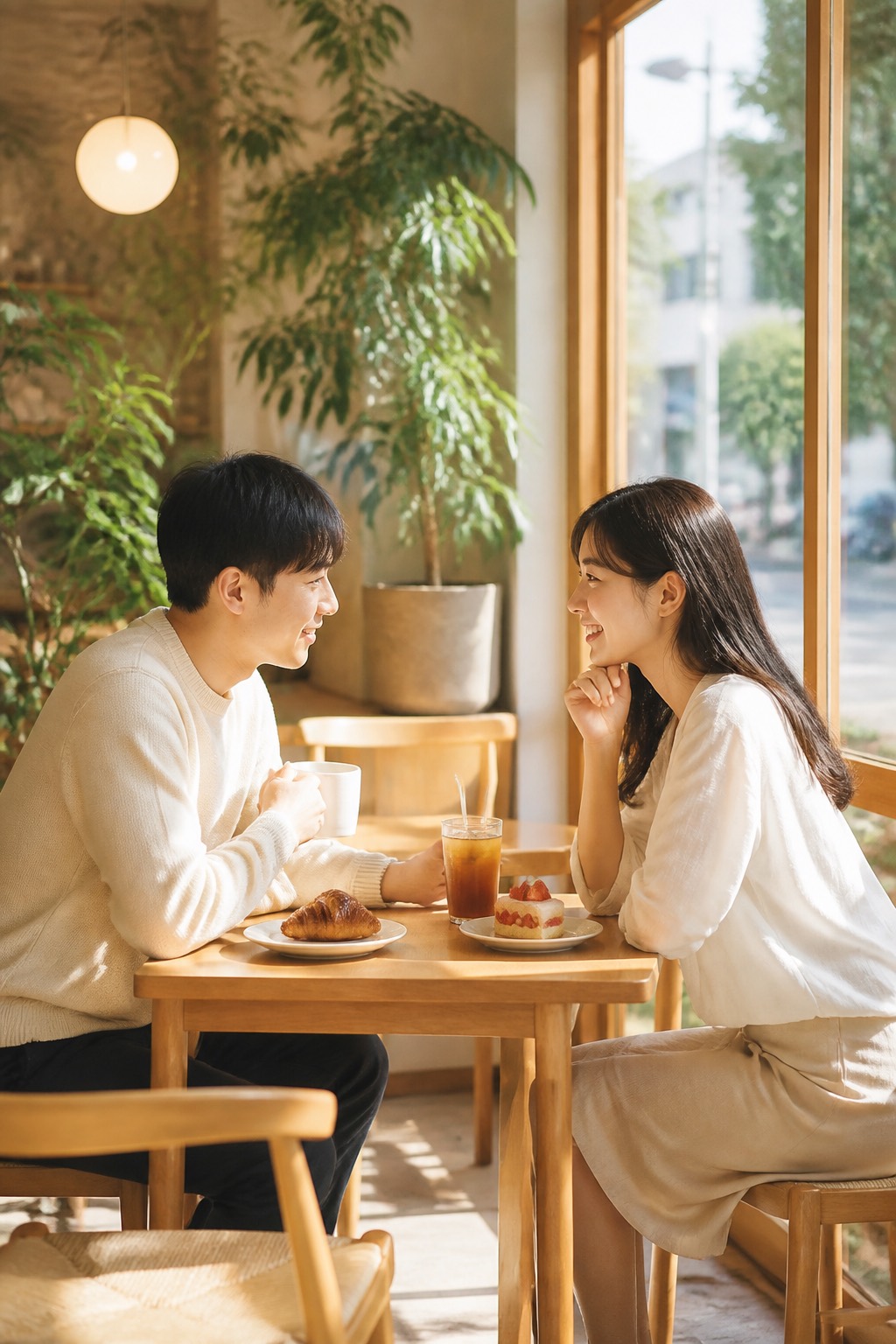 밝은 낮 카페 창가에서 마주 앉아 대화하는 두 사람