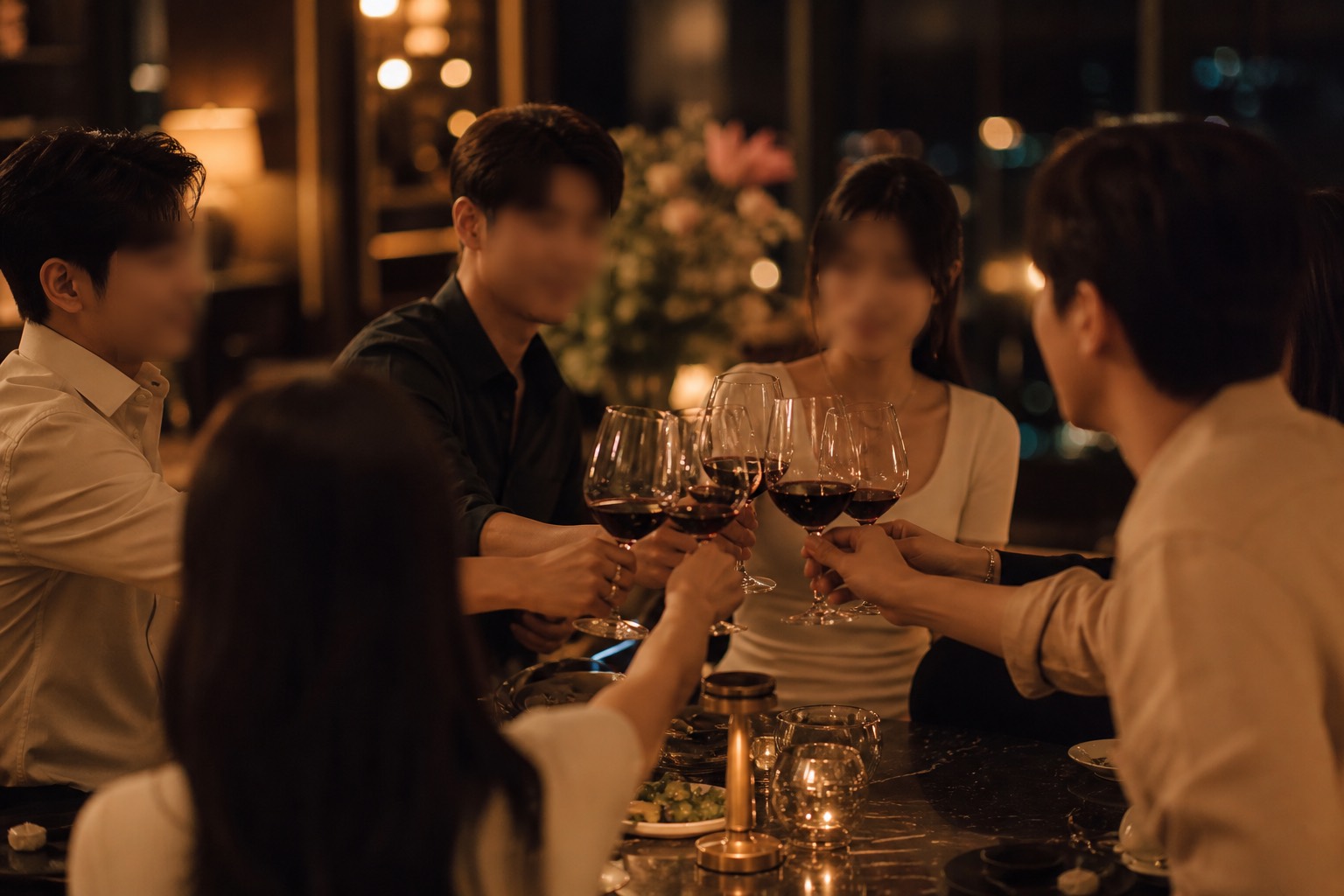 밤의 실내에서 여러 사람이 잔을 마주 대며 인사하는 모습
