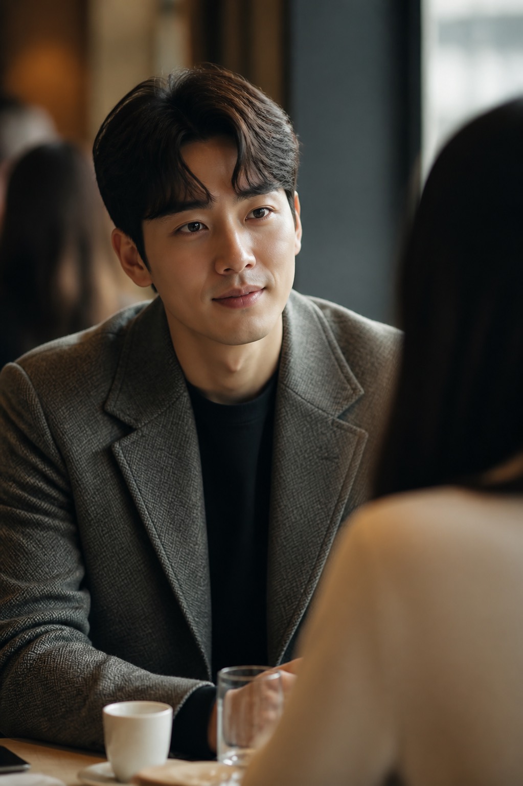 카페에서 마주 앉은 상대의 이야기를 듣고 있는 남성